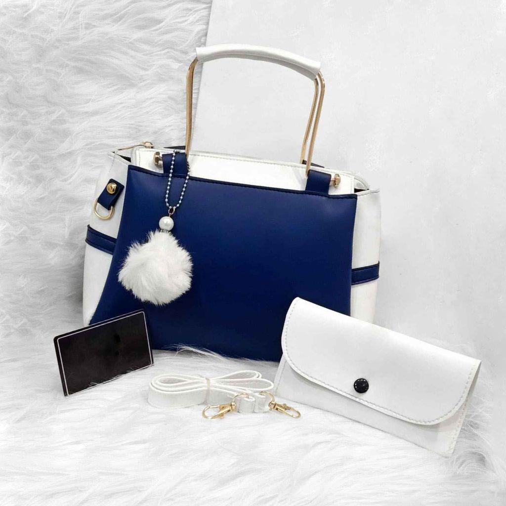 Stylish Women’s Blue Rexine Hand Bag Set – 2 Pcs with Elegant Printed Design