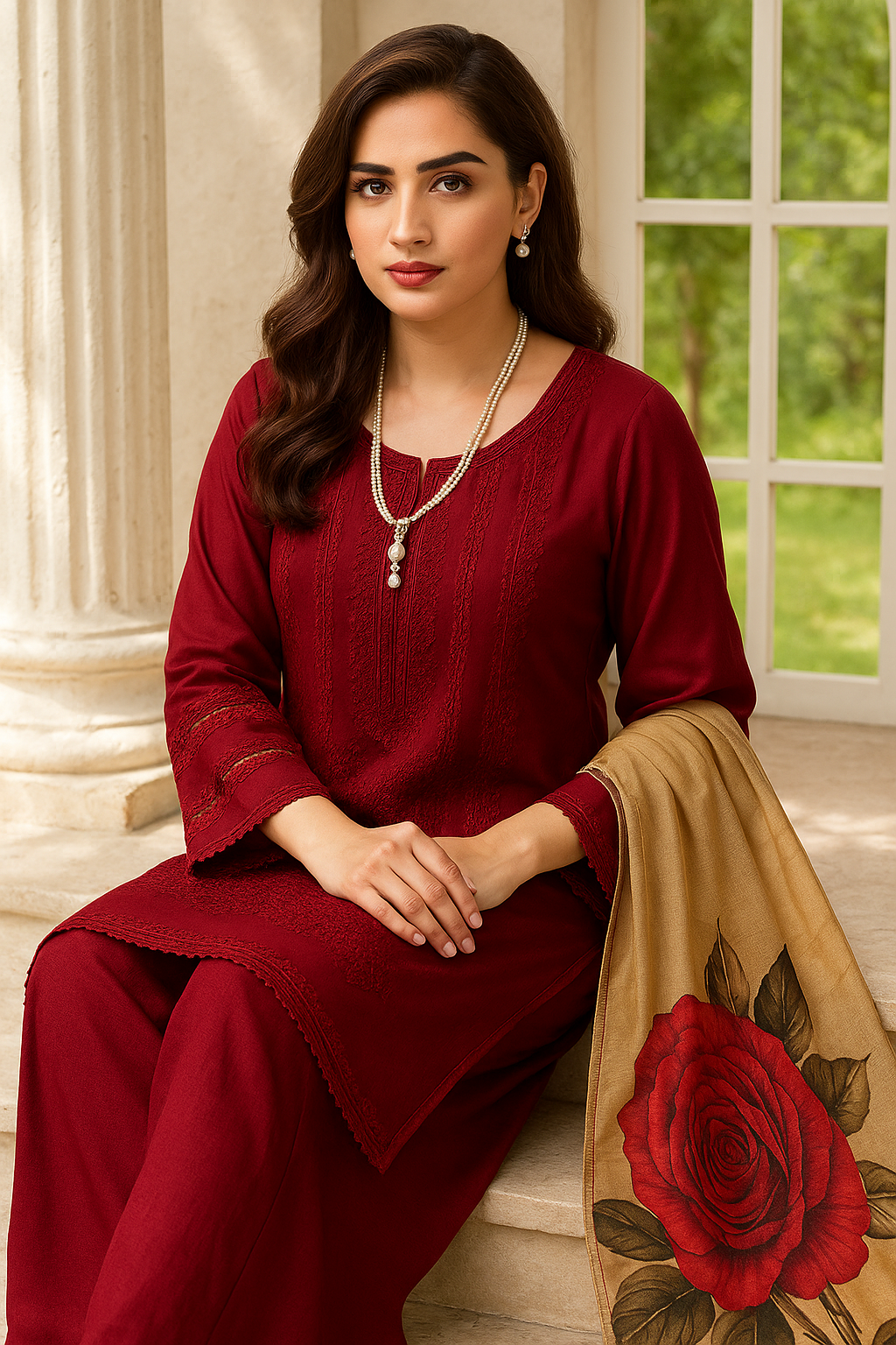 Luxury Chikankari Suit Red Lawn Unstitched