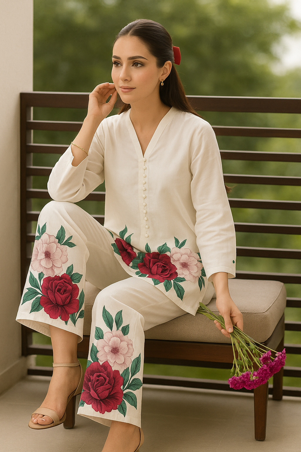 2 Pc Women’s Stitched White Floral Shirt & Trousers