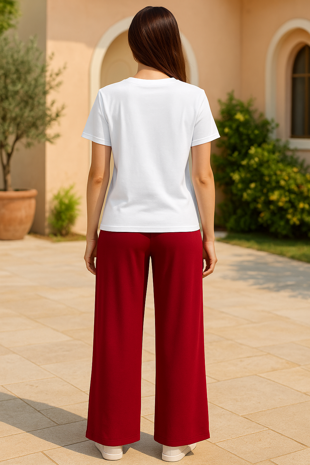 Coffee Print T-Shirt & Wide-Leg Red Pants Set Casual Chic Women's Outfit