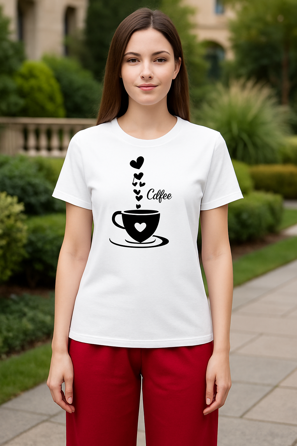 Coffee Print T-Shirt & Wide-Leg Red Pants Set Casual Chic Women's Outfit