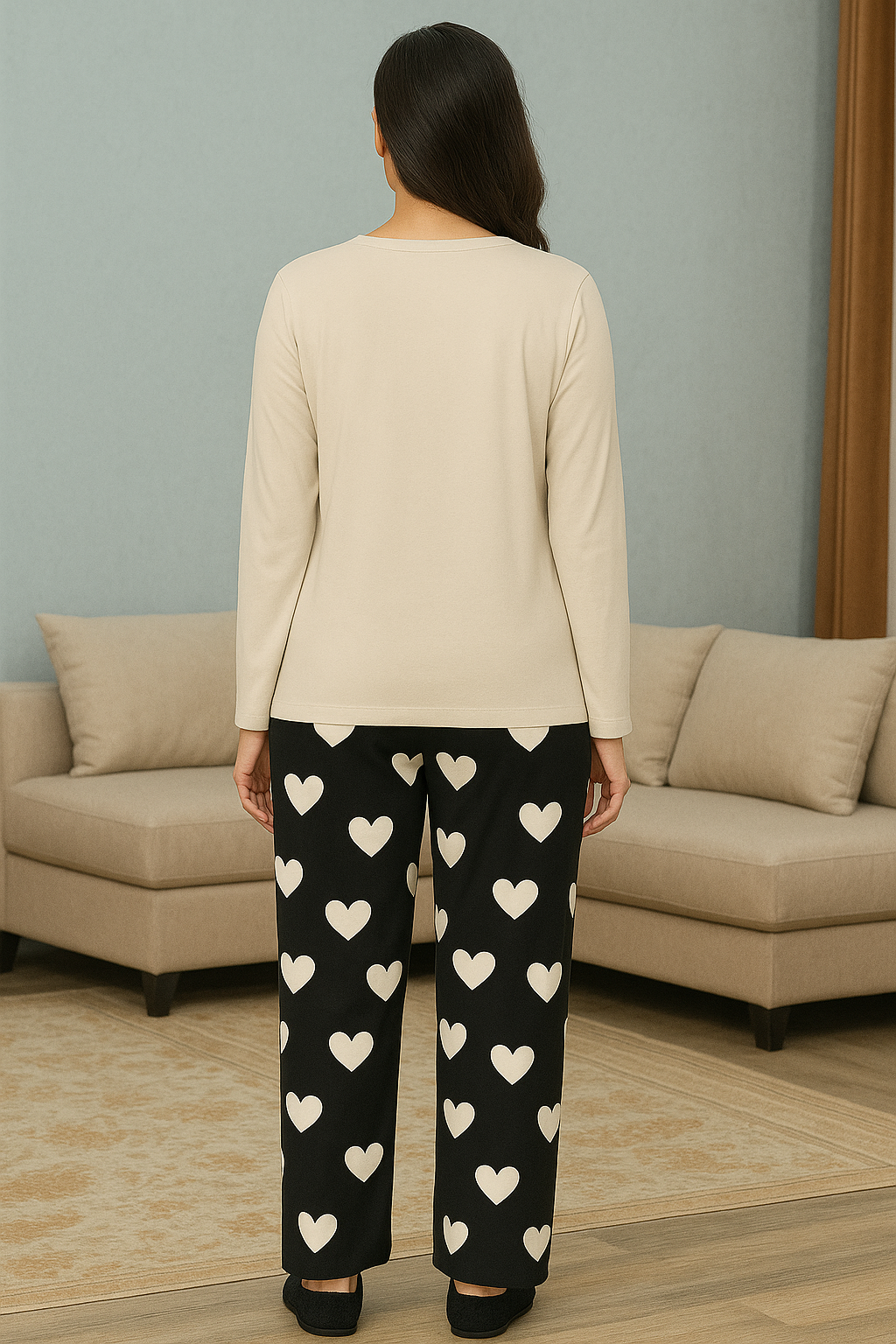 Women's Beige Top & Heart Print Pajama Set – Soft Cotton Loungewear