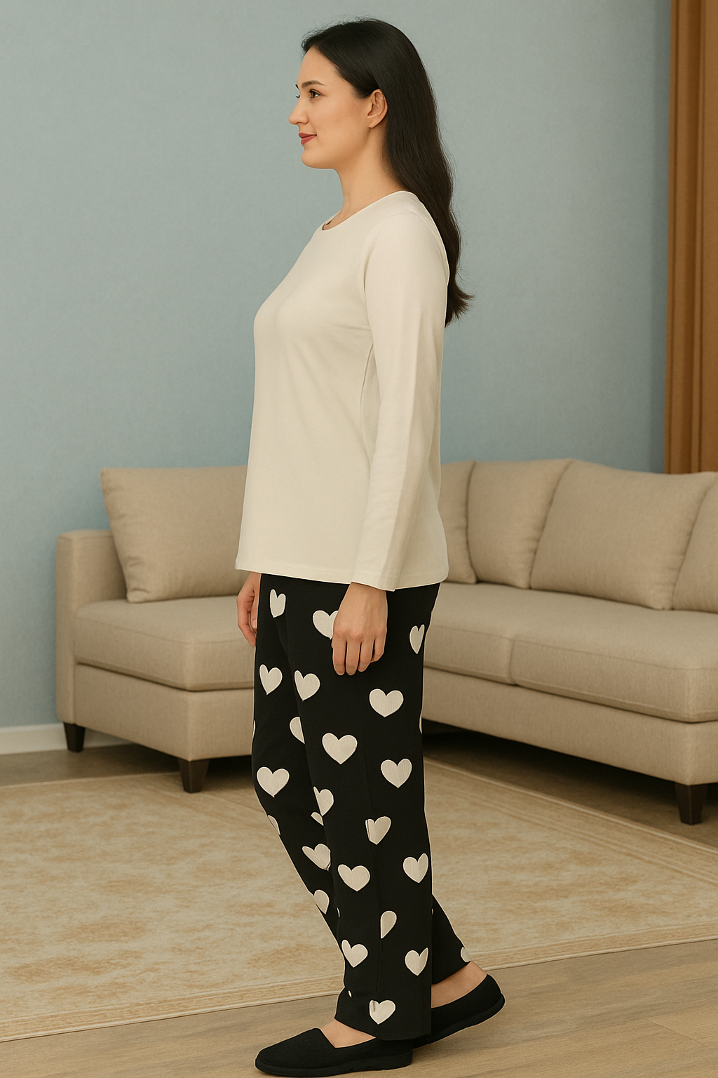Women's Beige Top & Heart Print Pajama Set – Soft Cotton Loungewear