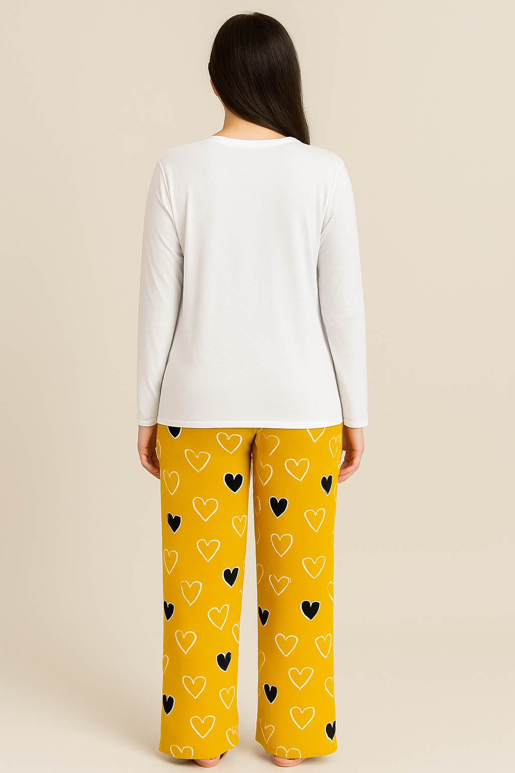 White & Mustard Heart Print Women's Nightwear Set – Stylish Cotton Sleepwear