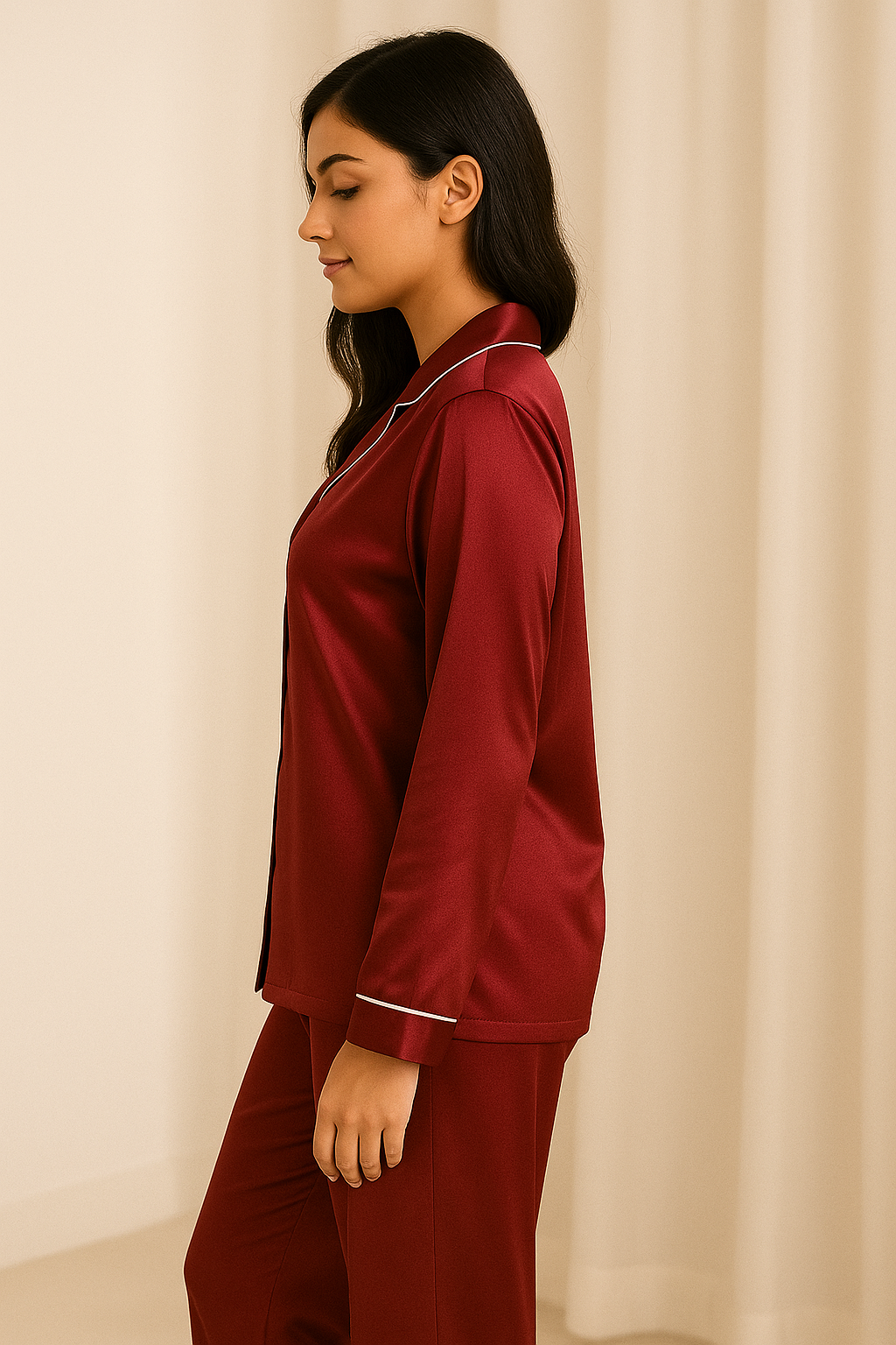Maroon Silk Night Suit for Women – 2 Piece Stitched Set