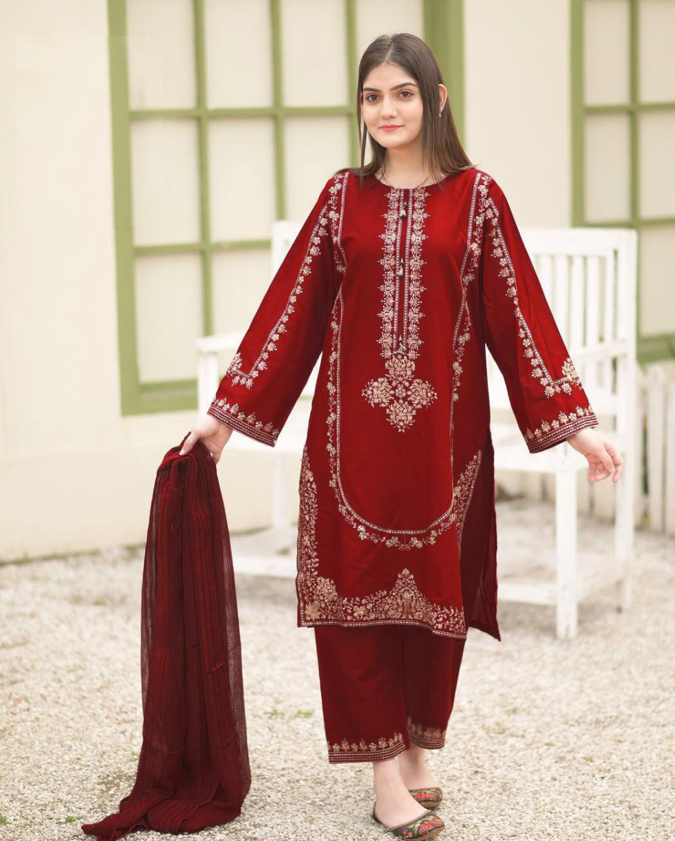 3 Pcs Women's Stitched Sequins Embroidered Frock