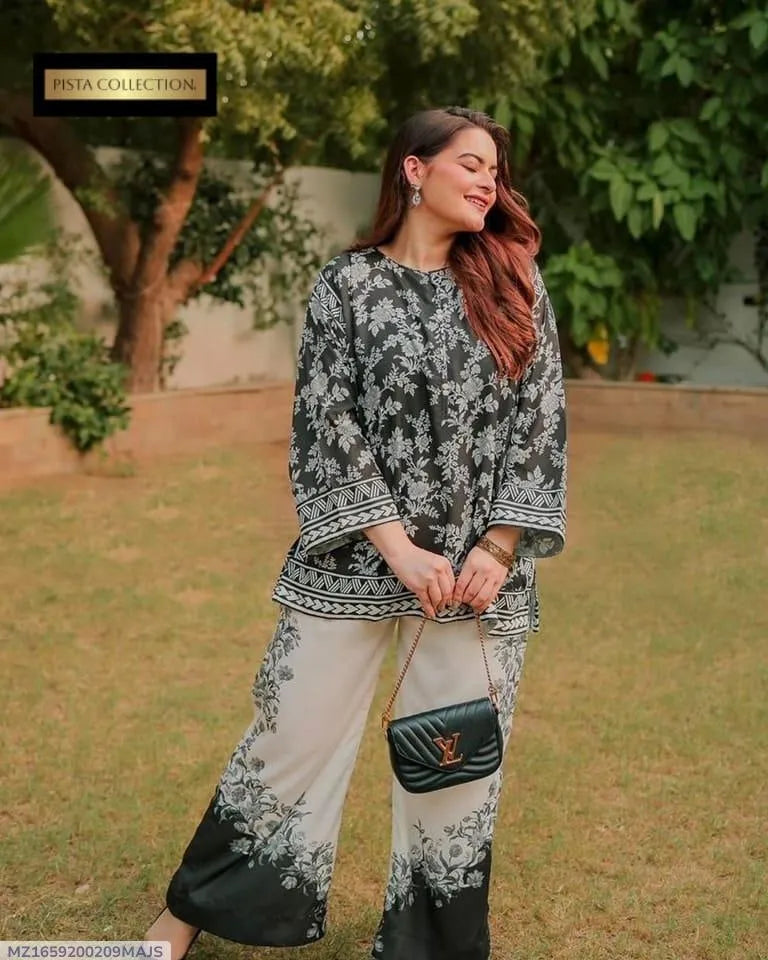 2 Pcs Women's Stitched Grip Silk Printed Shirt And Trouser