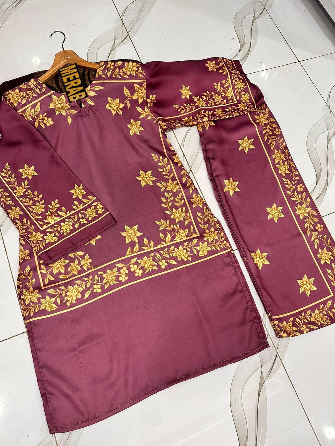 2 Pcs Women's Stitched Shamoz Silk Printed Co-Ord Set