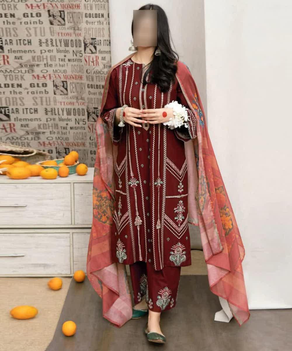 3 Pcs Women's Unstitched Embroidered Suit