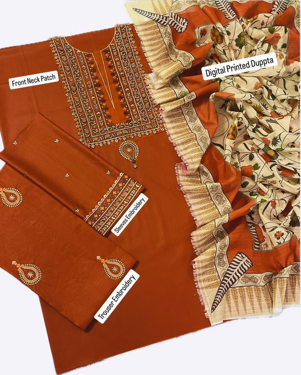 3 Pcs Women's Unstitched Embroidered Suit