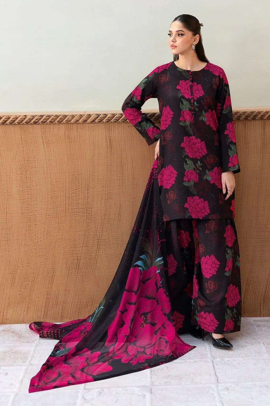 Black Floral Lawn 3-Piece Suit Unstitched for Women