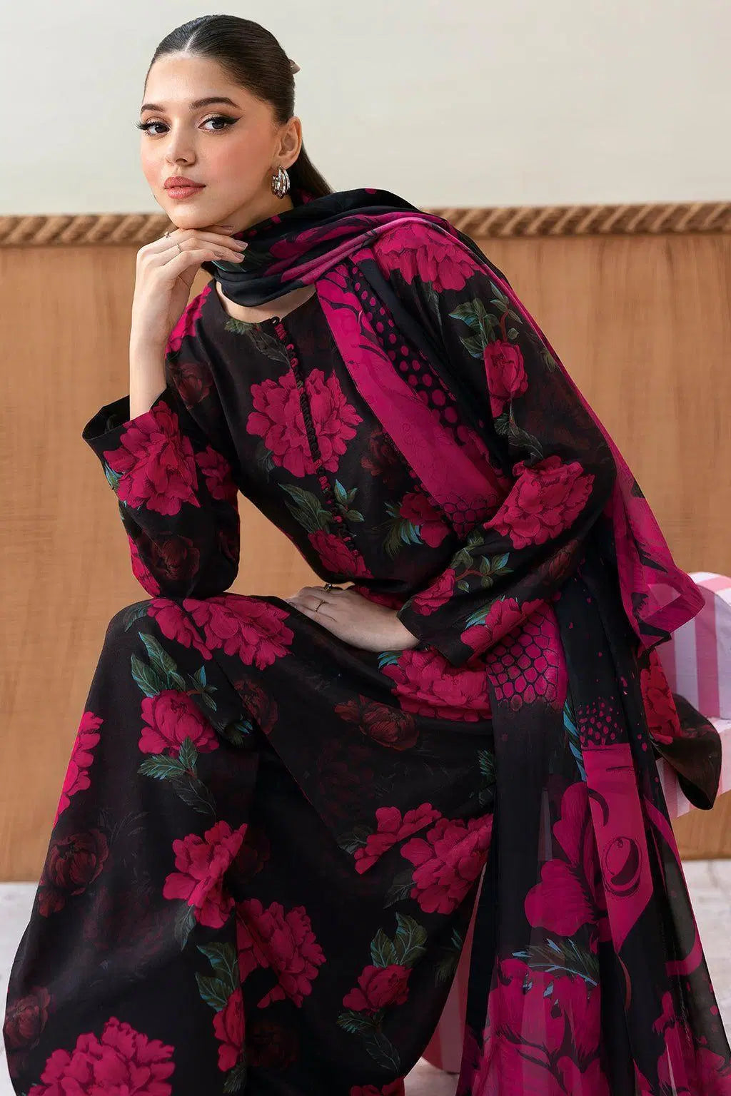 Black Floral Lawn 3-Piece Suit Unstitched for Women