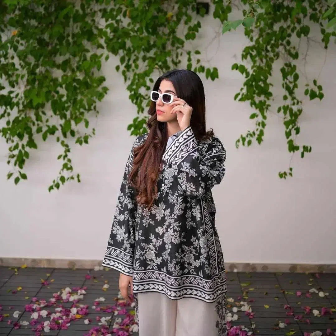 Women's 2-Piece Stitched Raw Silk Suit – Black Floral Shirt & White Trousers