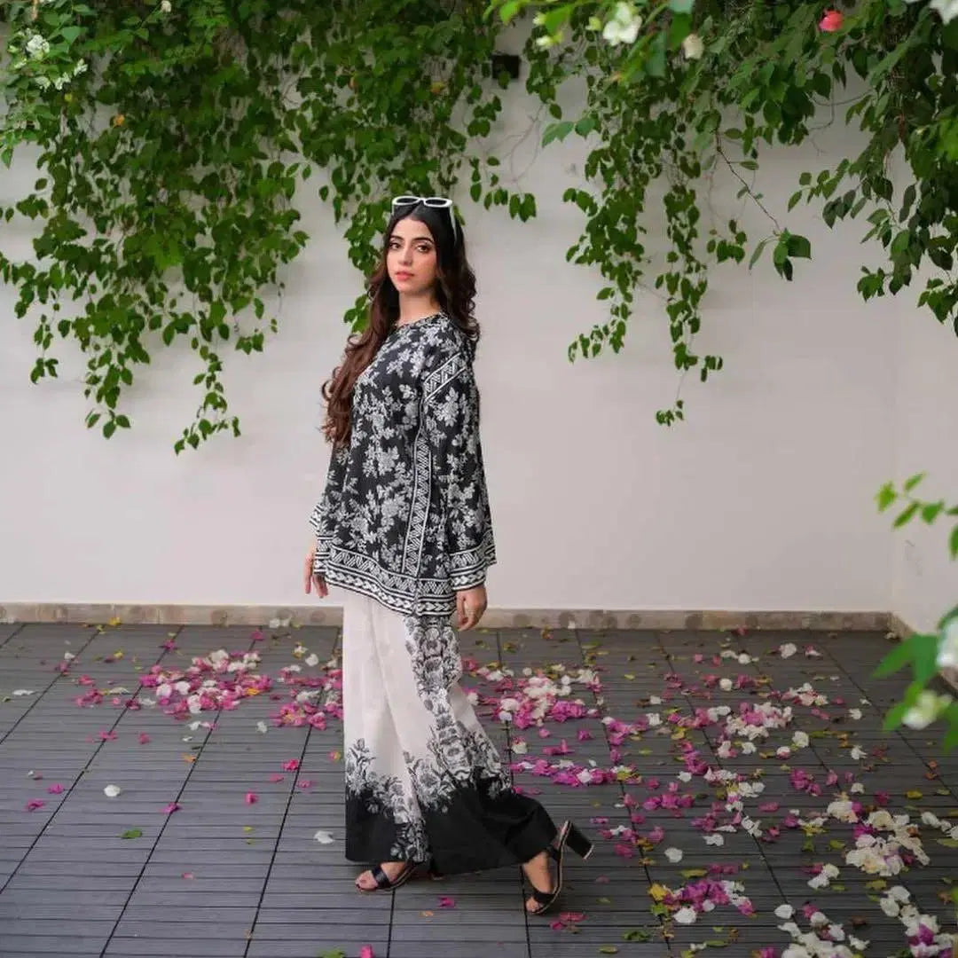 Women's 2-Piece Stitched Raw Silk Suit – Black Floral Shirt & White Trousers