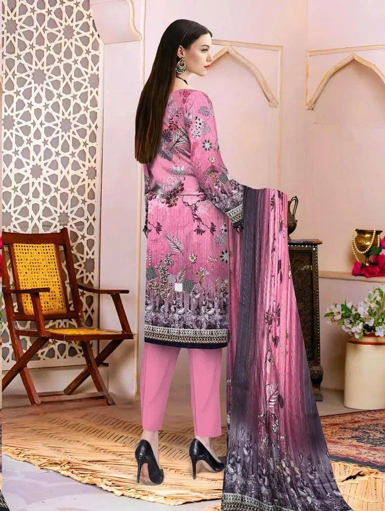 3 Pcs Women's Unstitched Lawn Embroidered Suit Pink & Charcoal Flora