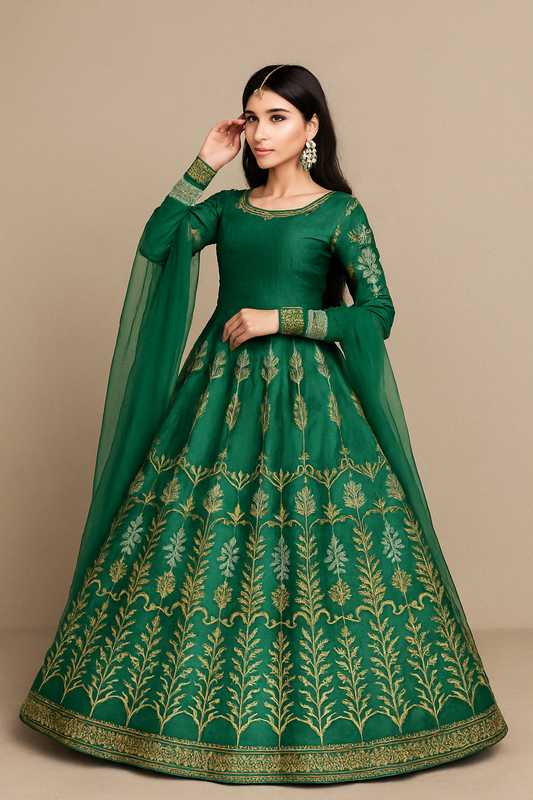 3 Pc Women’s Stitched Silk Embroidered Maxi Suit  Maxi, Dupatta & Trouser