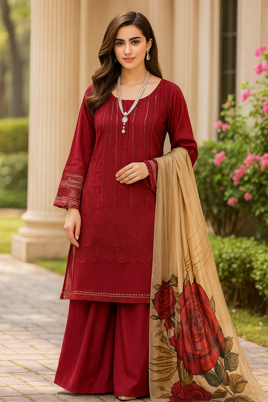 Luxury Chikankari Suit  Red Lawn Unstitched