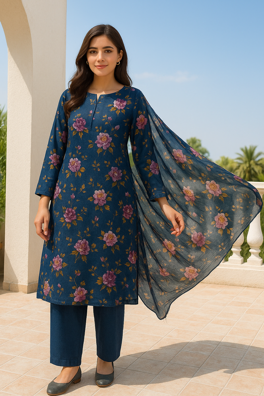 2 Pc Navy Blue Unstitched Digital Print Lawn Suit