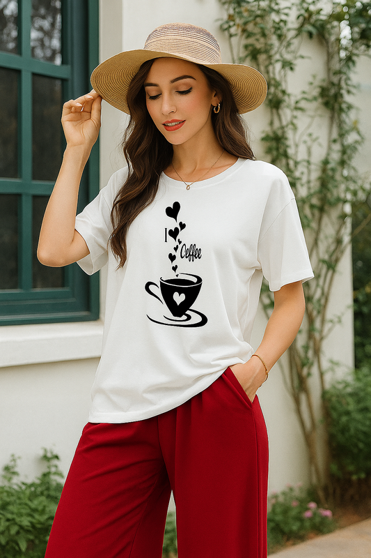 Coffee Print T-Shirt & Wide-Leg Red Pants Set  Casual Chic Women's Outfit