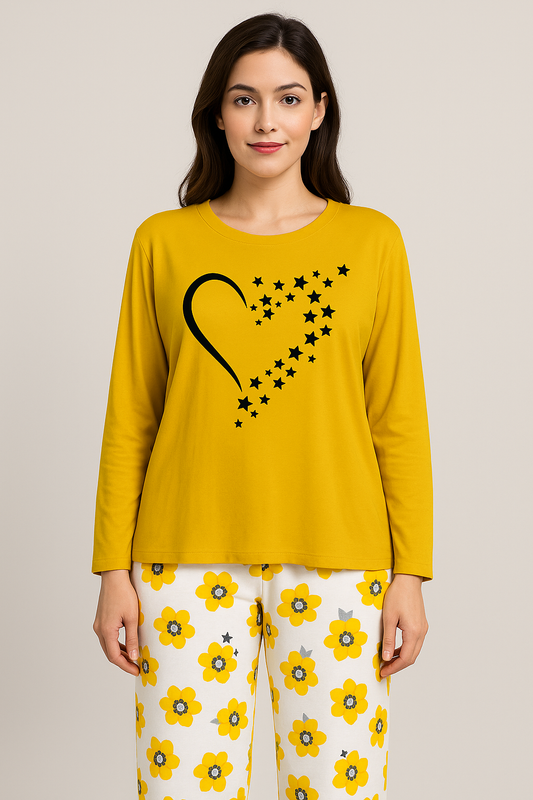 Yellow Heart Printed Nightwear Set for Women – Soft Cotton Pajama Set