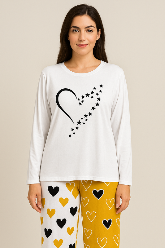 White & Mustard Heart Print Women's Nightwear Set – Stylish Cotton Sleepwear