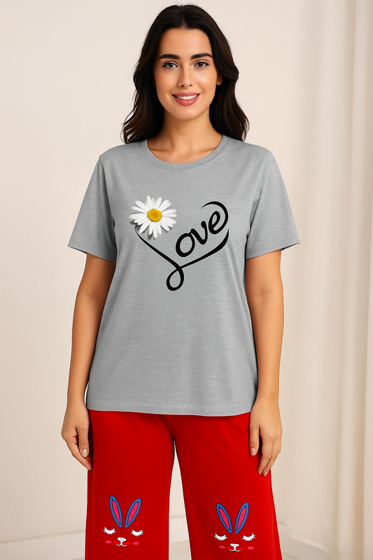 Women’s 2 Piece Night Suit – Love Printed Grey T-Shirt with Red Bunny Pajamas
