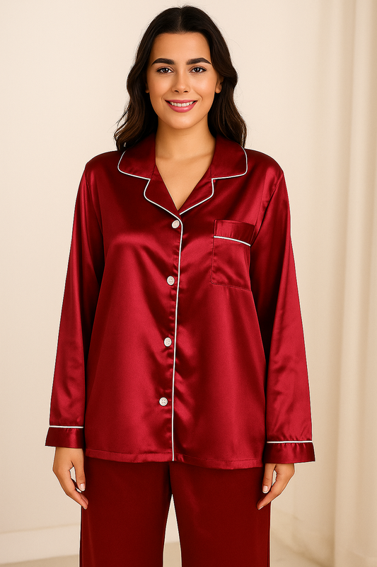 Maroon Silk Night Suit for Women – 2 Piece Stitched Set