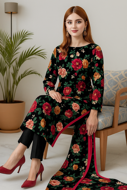 Black Unstitched Embroidered Lawn Dress for Women