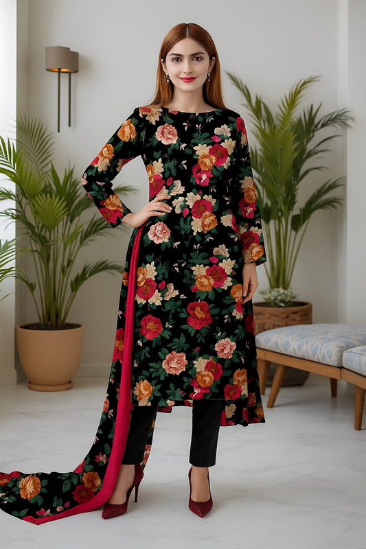 Black Unstitched Embroidered Lawn Dress for Women