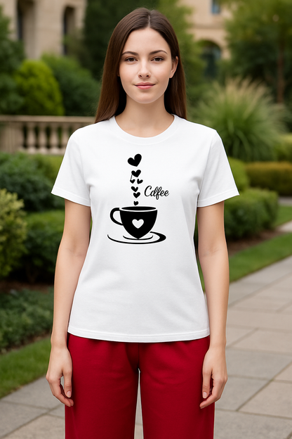 Coffee Print T-Shirt & Wide-Leg Red Pants Set  Casual Chic Women's Outfit