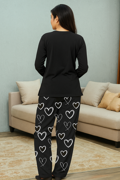 Women's Black Loungewear Set - 2 Piece with Heart Printed Pajama Pants