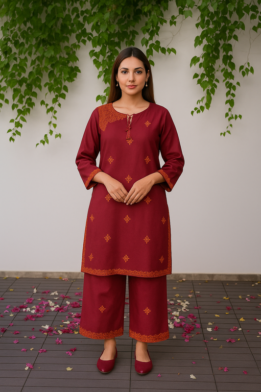 Maroon 2-Piece Embroidered Suit – Stitched & Ready to Wear