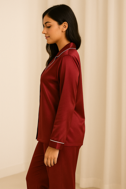 Maroon Silk Night Suit for Women – 2 Piece Stitched Set