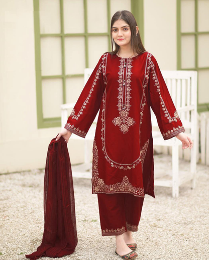 3 Pcs Women's Stitched Sequins Embroidered Frock