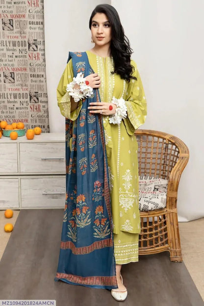 3 Pcs Women's Unstitched Embroidered Suit