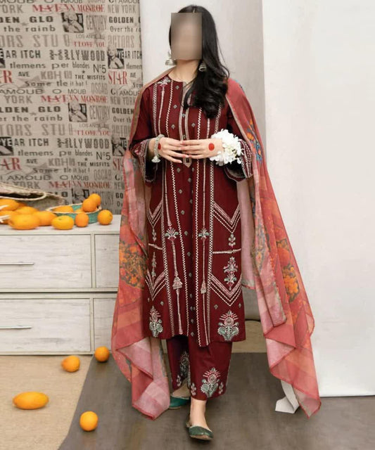 3 Pcs Women's Unstitched Embroidered Suit