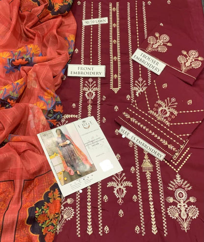 3 Pcs Women's Unstitched Embroidered Suit