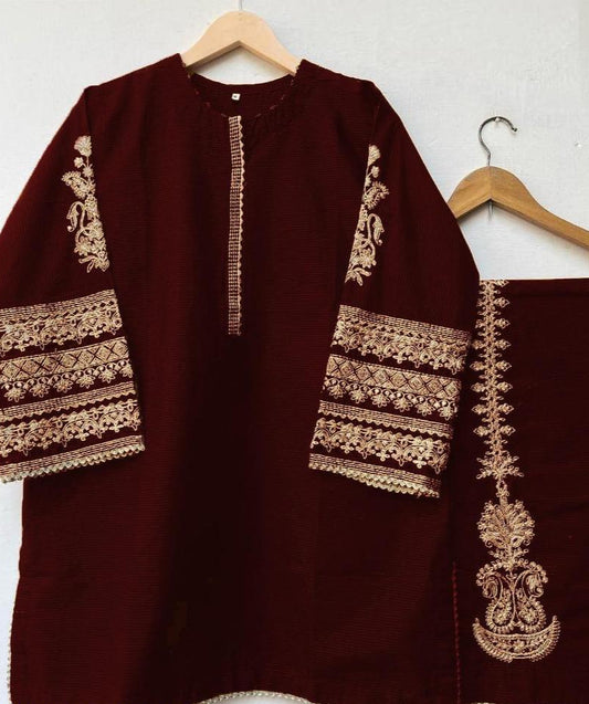 2 Pcs Women's Stitched Katan Silk Embroidered Suit