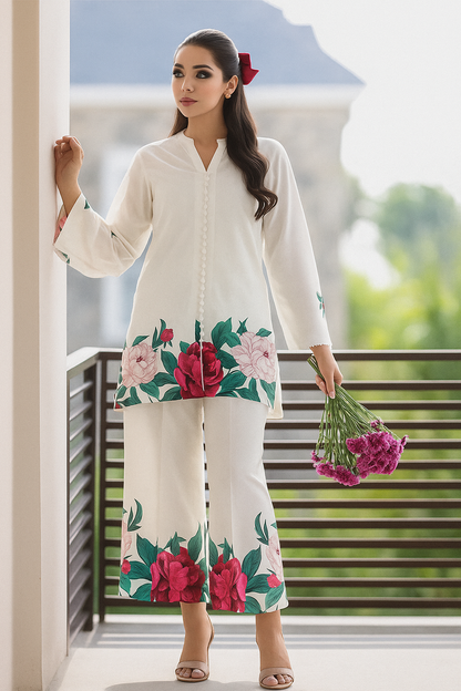 2 Pc Women’s Stitched White Floral   Shirt & Trousers