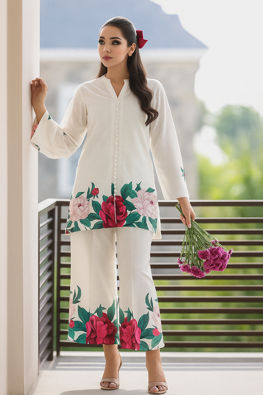 2 Pc Women’s Stitched White Floral   Shirt & Trousers
