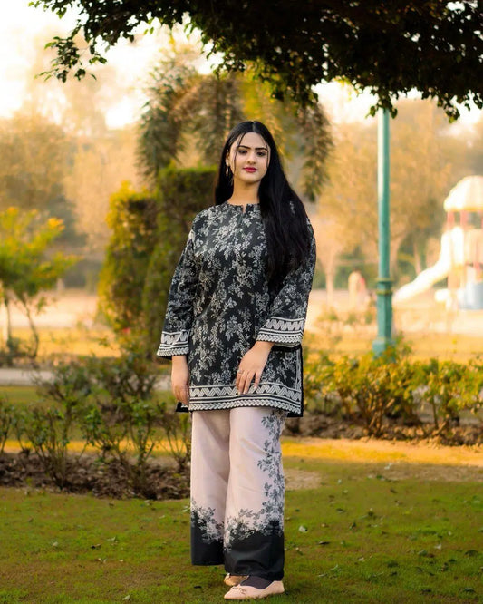 Women's 2-Piece Stitched Raw Silk Suit – Black Floral Shirt & White Trousers
