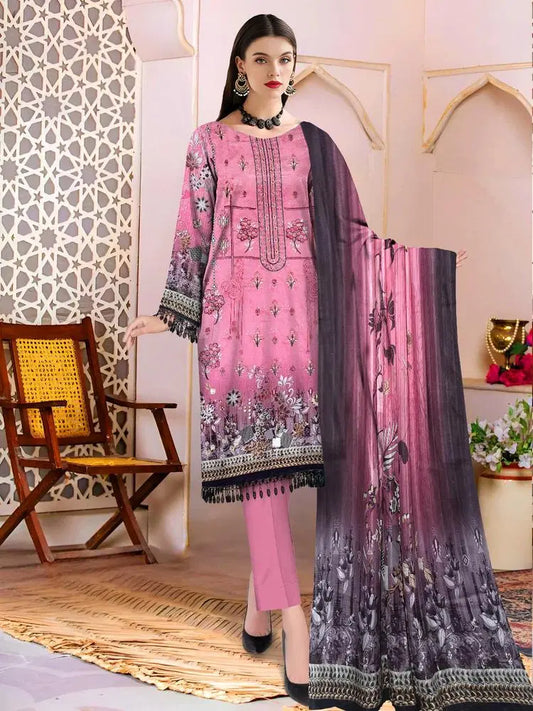 3 Pcs Women's Unstitched Lawn Embroidered Suit  Pink & Charcoal Flora